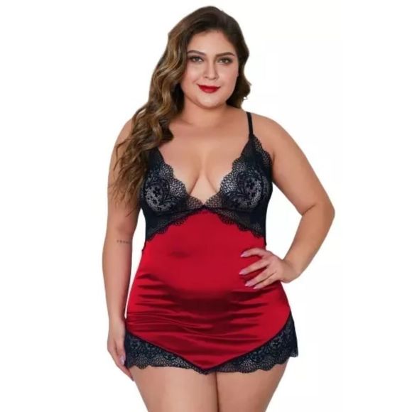 Lingerie Plus Size Sexy Lace Satin Slip With Thong Panty Plus Size Red NEW - Picture 5 of 14
